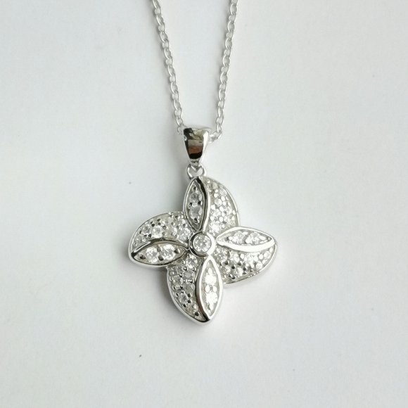 NEW, Sterling Silver CZ plumeria flower pendant necklace - Picture 4 of 7